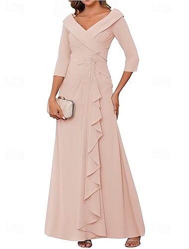  A-Linie Kleider für Hochzeitsgäste Elegant Kleid Hochzeitsgast Verlobung Bodenlang Dreiviertelarm V Ausschnitt Chiffon mit Falten Gerafft Perlenstickerei 2025