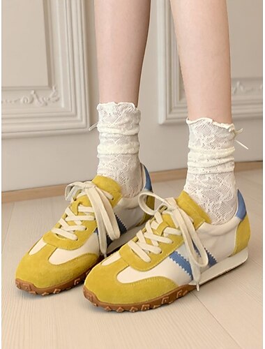  Gelbe und blaue Retro-Schnürsneaker für Damen, Vintage-Freizeitschuhe für Alltagsoutfits und romantische Dates