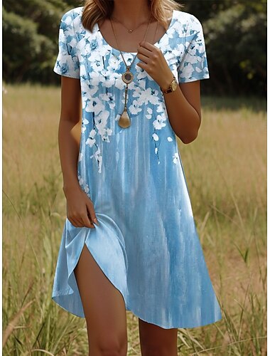  Damen Mini Kleid Freizeitkleid Petite Kleid T-Shirt Kleid Tee Kleid Sommerkleid Lässig Urlaub Lässige Tägliche Regulär Passform Floral Kurzarm Rundhalsausschnitt Pink Grün Sommer