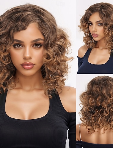  Syntetiska peruker Djupt lockigt Kinky Afro Asymmetrisk frisyr Med lugg Maskingjord Peruk 14 tum A1 Syntetiskt hår Dam Klassisk Bekväm Färggradient Flerfärgad