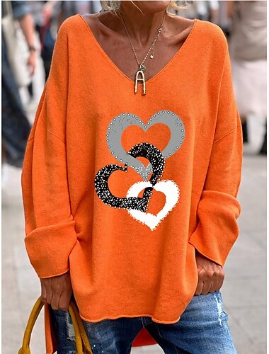  Mujer Blusa Corazón Elegante Casual Manga Larga Escote en Pico Tops regulares Diario Estampado Negro Blanco Rosa Naranja Verde Trébol Verano Primavera Otoño