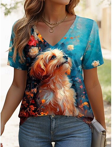  Mujer Camiseta Graphic Animal Perro Vintage Elegante Casual Manga Corta Escote en Pico Tops regulares Diario Estampado Amarillo Azul Piscina Naranja Azul claro Verano Primavera