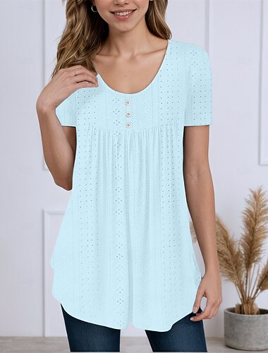  Damen Tunika Sommeroberteile Bluse Einfach Stilvoll Lässig Kurzarm Rundhalsausschnitt Lange Oberteile Täglich Knöpfe Lochmuster Asymmetrisch Weiß Rosa Purpur Grün Leicht Blau Sommer Frühling