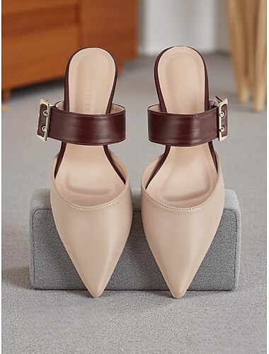  Γυναικεία slip-on mules με μυτερή μύτη και λουράκι με αγκράφα, κομψά δίχρωμα φλατ παπούτσια για casual ραντεβού και καθημερινή χρήση