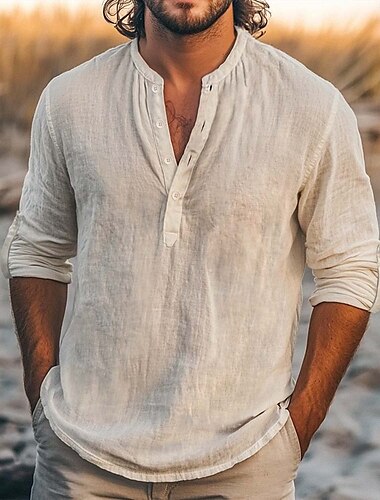  Per uomo Camicia Camicia di lino Camicia Estiva Camicia da Spiaggia Tinta unica Vacanza Casuale Nero Bianco Azzurro Manica Lunga Henley Abbigliamento Tasche Multiple