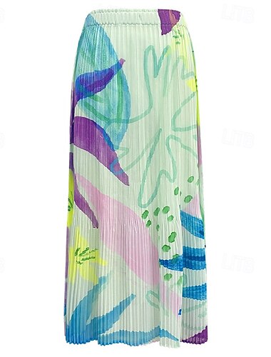  Dame A-linje Elegant Bohem Årgang Mote Midi Medium Midje Skjørt Rynket Elastisk Skole Feriereise Rosa Grønn Rosenrød Sommer Polyester