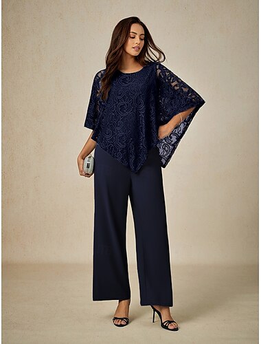  Dames Blouse Geklede topjes Effen Elegant Halve mouw Strakke ronde hals Normale tops Bruiloft gast Dagelijks Kant Lapwerk Meerlaags Marineblauw Zomer Lente