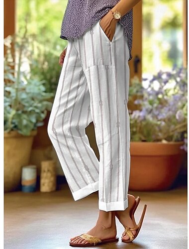  Damen Chinos Gerade Urlaub Vintage Ethno-Stil Volle Länge Hohe Taille Gestreift Linien / Wellen Streifen Atmungsaktiv Weich Außenbereich Mikroelastisch Outdoor Urlaub Lässig Weiß Blau Hellblau Herbst