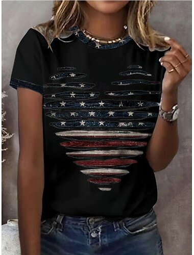  Amerikanischer Unabhängigkeitstag Damen T Shirt Blumen Grafik Pflanzen Vintage Stilvoll Klassisch Kurzarm Rundhalsausschnitt Rundhals Normale Oberteile Täglich Ausgehen Wochenende Druck Schwarz Wei
