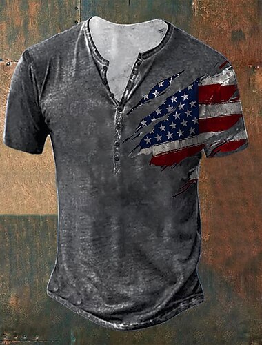  Herren Grafik-Drucke Amerikanische Flagge Nationalflagge T Shirt Henley Shirt Kurzarm Sport Modisch Designer Outdoor Strasse Täglich Sommer Schwarz Blau Grau Henley Henley T-Shirt