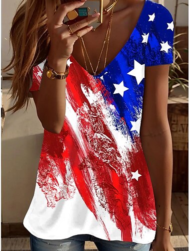  Onafhankelijkheidsdag Vrouwen Patriottische Vierde Juli T-shirt Grafisch Amerikaanse Vlag Vintage Stylish Classic Korte Mouw V-hals Reguliere Tops Daily Print Rood  Blauw Zomer Lente