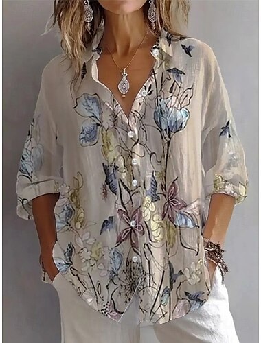  Damen Hemd Blumen Grafik Abstrakt Vintage Tropisch Täglich Langarm Hemdkragen Normale Oberteile Arbeit Täglich Ferien Knöpfe Druck Weiß Blau Purpur Grün Khaki Sommer Frühling