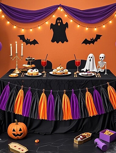 2 Halloween-Quastengirlanden, gemischte Quasten in Schwarz, Lila und Orange, perfekt für gruselige Festival-Partydekorationen und die Tischdekoration für Desserts.