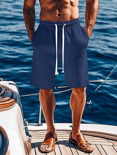  Herren Shorts Leinenshorts Sommershorts Strandshorts Tasche Kordelzug Elastischer Bund Einfach Komfort Atmungsaktiv Knielang Urlaub Ferien Strand Urlaub Hawaiianisch Schwarz Weiß