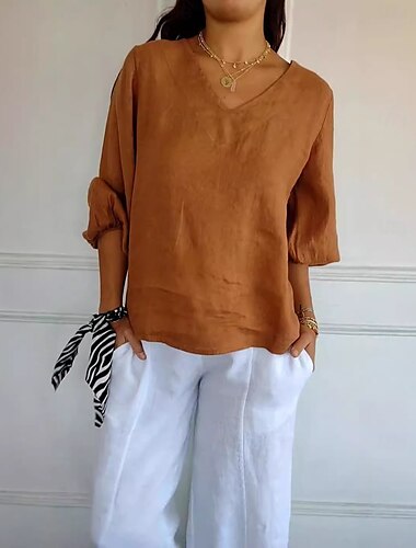  Damen Bluse Einfarbig Elegant Stilvoll Lässig Langarm V Ausschnitt Normale Oberteile Täglich Ferien Weiß Khaki Beige Sommer Frühling