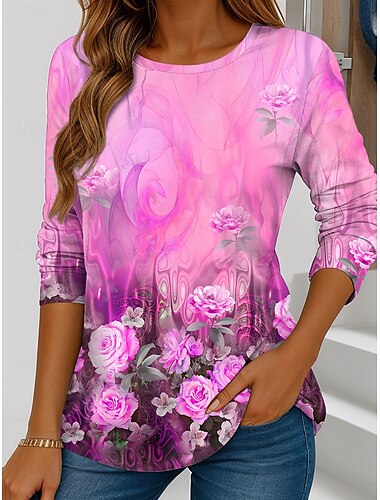  Damen T Shirt Grafik Pflanzen Vintage Stilvoll Klassisch Langarm Rundhalsausschnitt Normale Oberteile Täglich Wochenende Druck Gelb Blau Purpur Orange Sommer Frühling