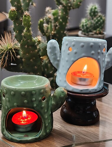  Scalda candele in ceramica a forma di cactus - verdi e blu, non accesi e non profumati, ideali per decorazioni per la casa, regali per le feste e decorazioni stagionali, design decorativo a forma di