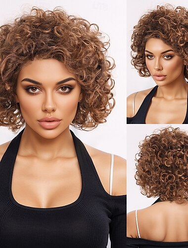  Synthetische Perücken Gewellt Afro Lockig Asymmetrisch Mit Pony Maschinell hergestellt Perücke 12 Zoll A1 Synthetische Haare Damen Klassisch Bequem Farbverläufe Mehrfarbig