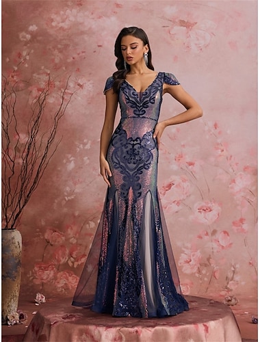  Meerjungfrauenschnitt Quinceanera-Kleider Elegant Kleid Formell Hochzeit Bodenlang Kurzarm V Ausschnitt Polyester mit Paillette 2025