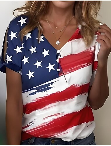  独立記念日 女性 パトリオティック 第四の7月 Tシャツ グラフィック アメリカンフラッグ ヴィンテージ スタイリッシュ クラシック 半袖 Vネック レギュラートップス デイリー 外出 ウィークエンドプリント ホワイト レッド ブルー レッド/ブルー