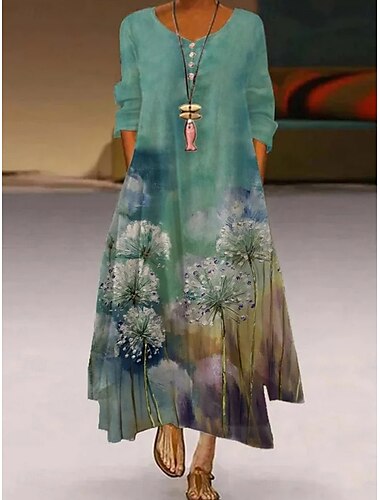  Damen Maxikleid A Linie Kleid Lässig Outdoor Ausgehen Normale Passform Blumen Grafik Langarm V Ausschnitt Königliches Blau Blau Grün Khaki Herbst
