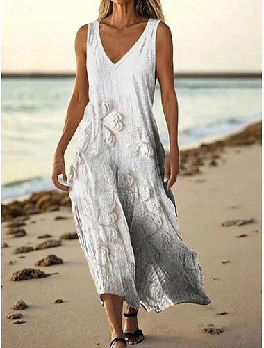  Femmes Robe Longue Maxi Robe Robe Décontractée Robe débardeur Robe d'été africain Quotidien Fête Plage Coupe régulière Fleuri Sans manches Col en V Blanche Violet Vert violet foncé Été