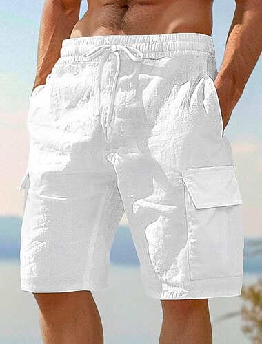  Hombre Pantalón Corto Cargo Pantalón corto Pantalones cortos de lino Pantalones cortos de verano Pantalones cortos de playa Cintura elástica Correa Multi bolsillo Plano Longitud de la rodilla