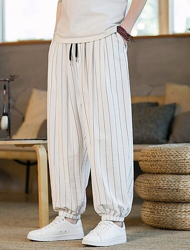  Herren Leinenhosen Hose Sommerhose Strandhose Tasche Kordelzug Elastischer Bund Gestreift Komfort Atmungsaktiv Urlaub Täglich Ferien Hawaiianisch Boho Schwarz Weiß