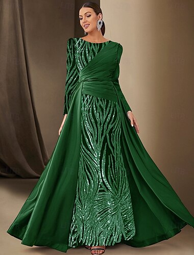  Abendkleid im Meerjungfrauen-/Trompeten-Stil mit schwarzer Krawatte, glitzernde Pailletten, formelle Hochzeit, bodenlang, lange Ärmel, U-Boot-Ausschnitt, Satin mit Falten 2025