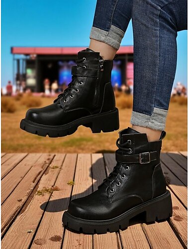  Botas de combate marrones con cordones para mujer, cremallera lateral y suela gruesa con tacos: elegantes botines para exteriores para otoño, invierno y ropa urbana informal.