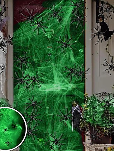  ハロウィーンの暗闇で光るクモの巣、追加の偽のクモ付き。ハロウィーンの屋外用光る装飾、屋内と庭用、お化け屋敷パーティー用品。