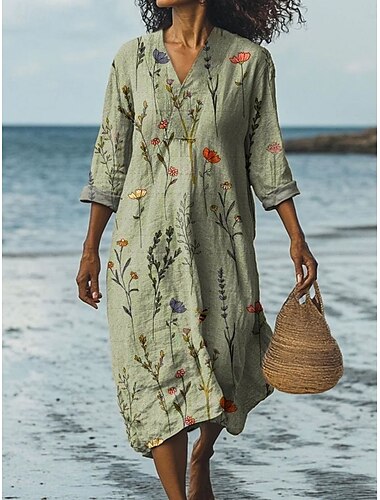  Damen Midikleid Sommerkleid A Linie Kleid Urlaub Lässig Ausgehen Blumen Grafik Langarm V Ausschnitt Rote Blau Grün Sommer Frühling