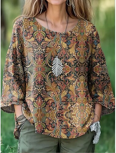  Damen Bluse Blumen Grafik Paisley-Muster Elegant Stilvoll Dreiviertelarm Rundhalsausschnitt U-Boot-Ausschnitt Normale Oberteile Täglich Ferien Druck Braun Grün Khaki Frühling Herbst