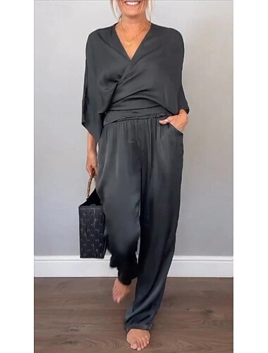  Damen Elegant Urlaub Vintage Zweiteilige Sets Kurzarm Dreiviertelarm V Ausschnitt Einfach Wickeln Urlaub Party Büro Schwarz Weiß Leicht Braun Sommer Lässiger Schnitt