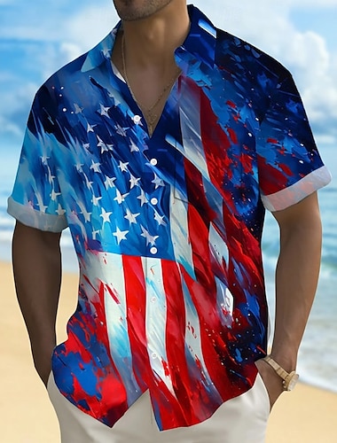  Tag der Unabhängigkeit Herren US Flagge Patriotisch Vierter Juli Hemd Sommerhemd Knopfhemd Kurzarm Modisch lässig Ferien Sommer Frühling Umlegekragen 3D-Druck Hemden mit Kragen Eine Tasche vorne Blau