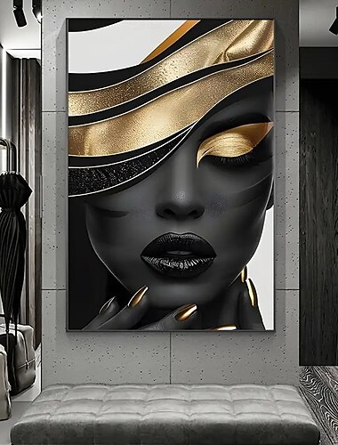  1 großes, ungerahmtes Leinwandbild – surreales Frauenporträt in Schwarz und Gold, elegante Wanddekoration, modern, abstrakt für Wohnzimmer und Schlafzimmer