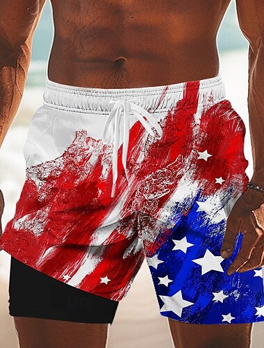  Jour de l'Indépendance Homme Drapeau américain Patriotique 4 juillet Short doublé Short de bain 2 en 1 Maillots de bain Taille Moyenne Fête Poches Latérales Avec doublure de compression Taille