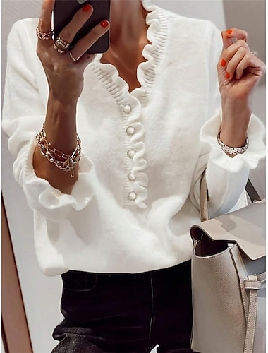  Mujer Pulóveres Casual Suave Color puro Estriado Escote en Pico Botones De Punto Manga Larga Tops regulares Tejer Exterior Diario Fin de semana Negro Blanco Verano Primavera