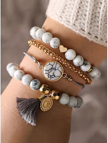  Damen-Armbandset mit Howlith-Perlen – mehrlagiges Boho-Stapelarmband mit Herzanhänger, Marmoranhänger und Quaste für Freizeitkleidung, Strandoutfits und Geschenke