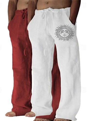  Herren Leinenhosen Hose Sommerhose Baggy-Hosen Strandhose Kordelzug Elastischer Bund Gerader Schnitt Grafik Sonne Atmungsaktiv Weich Volle Länge Outdoor Heim Lässig Mode Streetwear Weiss + rot