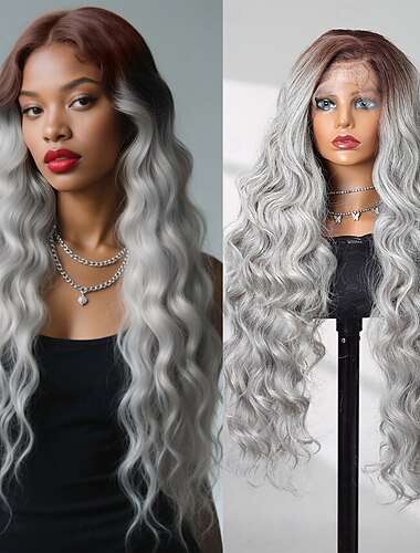  Synthetische Spitzenperücke Bodywave Stil 28 Zoll Grau Mittelscheitel 13x4 Spitzenfront Perücke Damen Perücke Silber-Grau