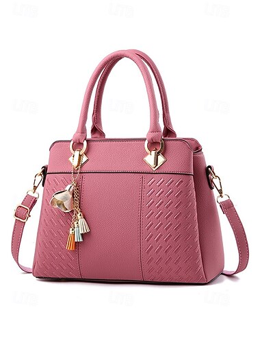  Damenhandtasche aus Kunstleder mit Quastenanhänger und strukturierten Einsätzen – elegante, strukturierte Schultertasche für die Arbeit im Büro und Geschäftsreisen