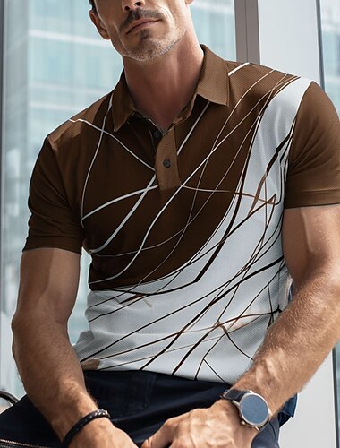  Herren Abstrakt Linie Polo Kurzarm Polo-Shirts Revers Lässig Athleisure 3D-Druck Knöpfe Sommer Dunkel Braun Schwarz Blau