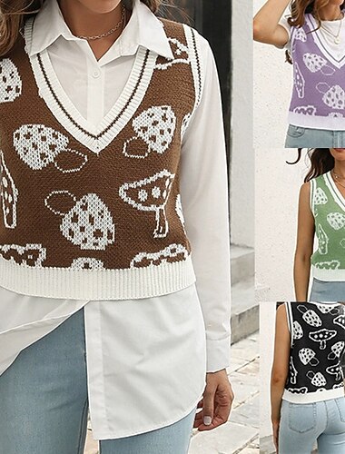  Per donna Gilet Maglione Casual Stampa Spesso Scollo a V Lavorato a maglia Senza Maniche Top Regolari Maglia Quotidiano Ferie Uscire Nero Viola Autunno Inverno