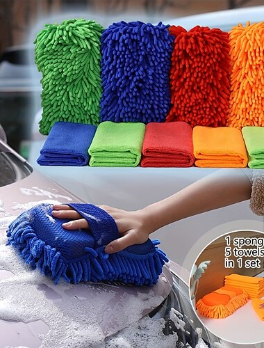  6 st/set - innehåller 1 chenille-rengöringssvamp med handrem och 5 mjuka, repfria och återanvändbara mikrofiberdukar för bil, hem och kök