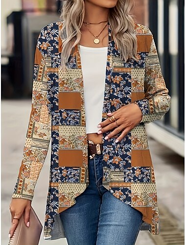  Dam Vardaglig jacka Andningsfunktion Bekväm Mönster Vintage Ledigt Blommig Semester Gata Ledigt Dagliga kläder Öppen front Normal Kraglös Normal Långärmad Ytterkläder Svartvit Svart Gul Sommar Vår