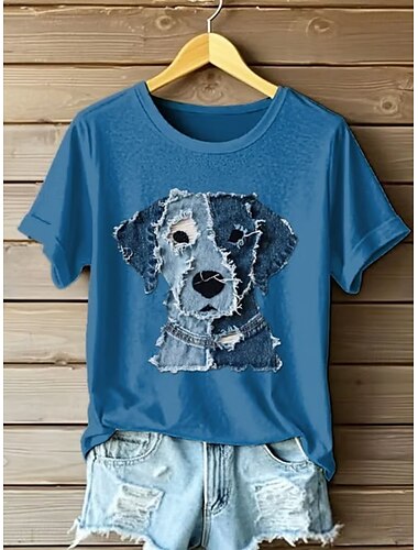  Damen T Shirt Grafik Tiermotiv Hund Vintage Stilvoll Klassisch Kurzarm Rundhalsausschnitt Normale Oberteile Täglich Wochenende Druck Schwarz Weiß Rosa Blau Grün Sommer Frühling