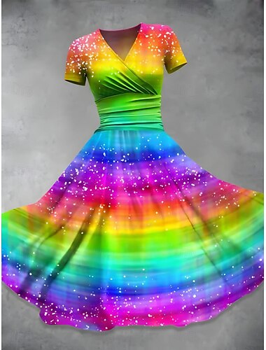  Damen Midikleid A Linie Kleid Sommerkleid Figurbetontes Kleid Party Lässig Täglich Ferien Normale Passform Grafik Geometrisch Farbblock Kurzarm V Ausschnitt Schwarz Purpur Grün Sommer