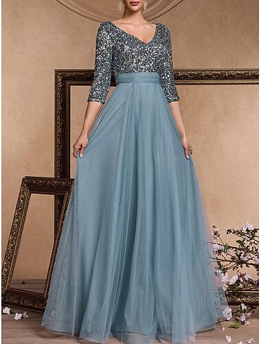  Robe de Soirée A-Line Élégante Robe Formelle Mariage Longueur Totale Manches 3/4 Col en V Sequins avec Sequins