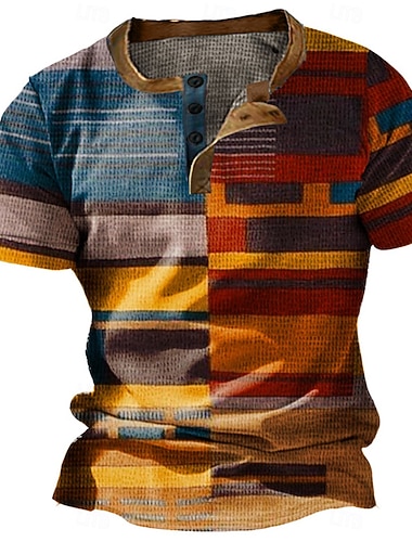  Herren Graphic Farbblock Waffel-Henley-Hemd Kurzarm 3D-Druck Modisch Designer Basic Outdoor Täglich Sommer Gelb Blau Orange Braun Henley Henley T-Shirt